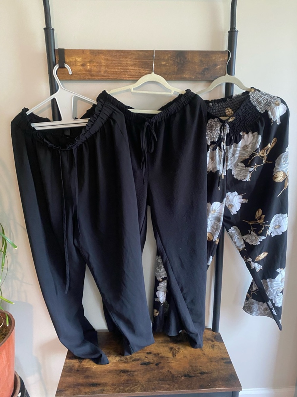 3 pairs of SHEIN Black Wide Leg Pull-On Pants with Floral Accent